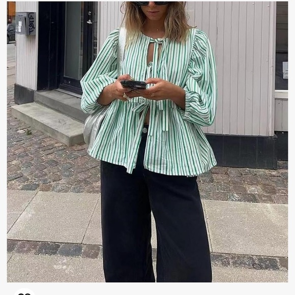 Women Puff Sleeve Peplum Shirts Bow Tie Front Stripe Babydoll Blouse Lace‎ Up - Picture 5 of 10